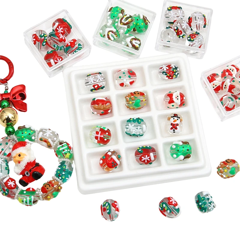 1pc 14x16mm Christmas Lampwork Beads Hand Painting Snowman Santa Claus Pattern Spacer Loose Beads Diy Jewelry Making Accessories