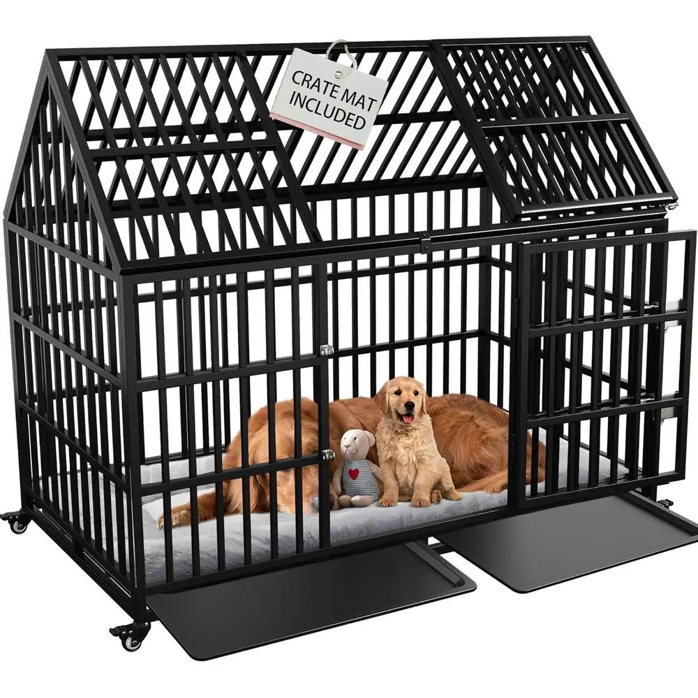 

Extra Large Metal Dog Crate with 2 Lockable Wheels, Removable Trays, and Durable Construction