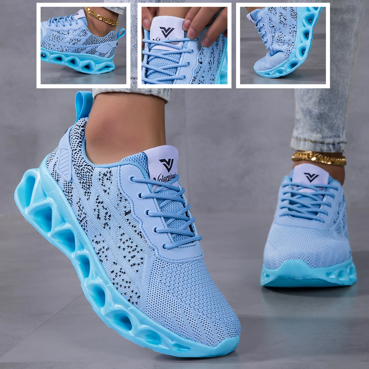 Women Breathable Flying Woven Blade Sneakers, Hollow Shock Absorbing Cushion Athletic Shoes, Lightweight Mesh Non Slip Fashion Walking Jogging Sports Trainers
