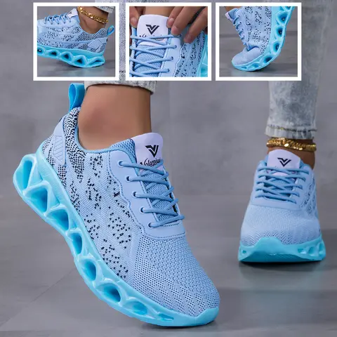 Women Breathable Flying Woven Blade Sneakers, Hollow Shock Absorbing Cushion Athletic Shoes, Lightweight Mesh Non Slip Fashion Walking Jogging Sports Trainers