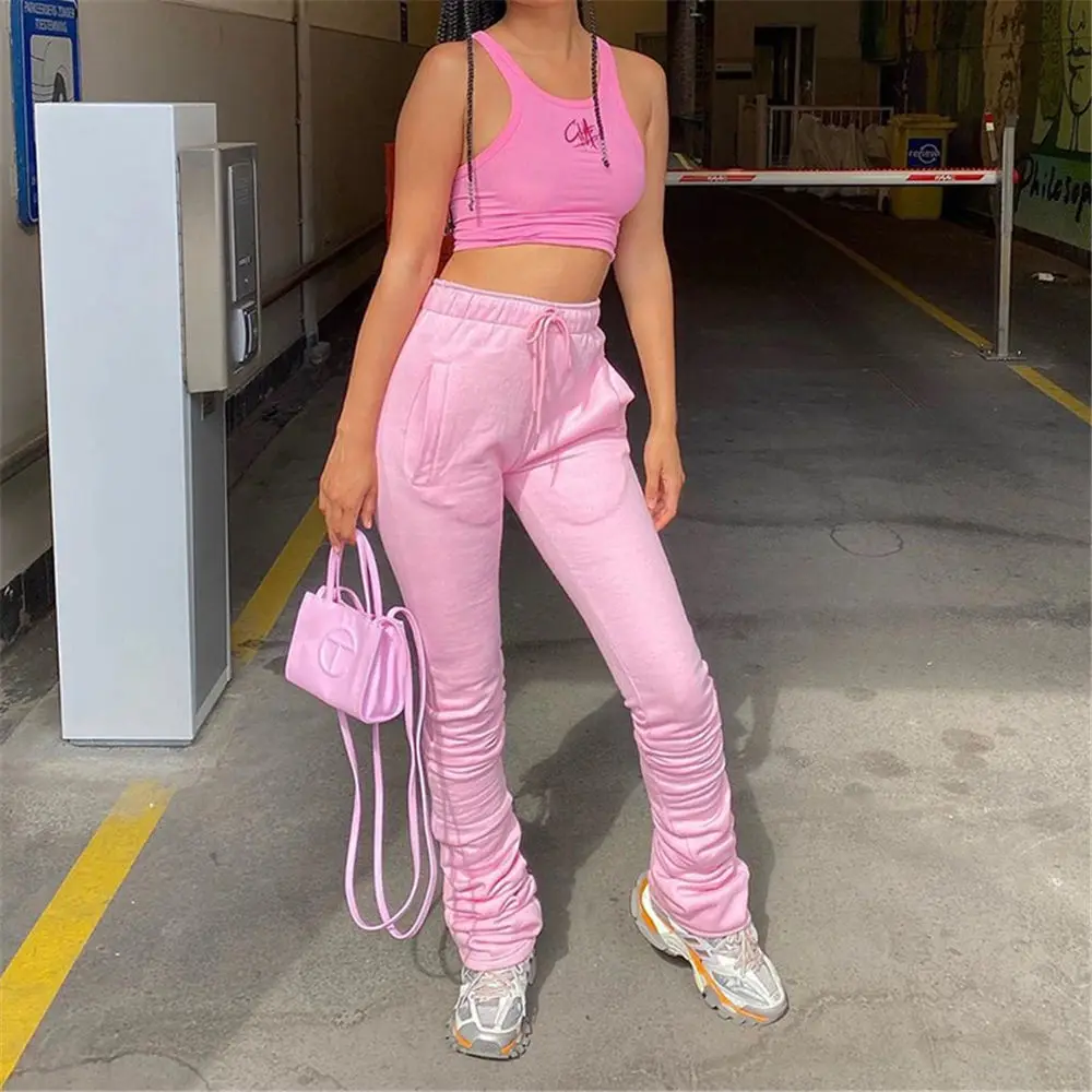 

2024 Women Autumn Stacked Pants Fleece Inner Warm Sexy Streetwear High Waisted Elastic Trousers Girls Hip Hop Sweatpants