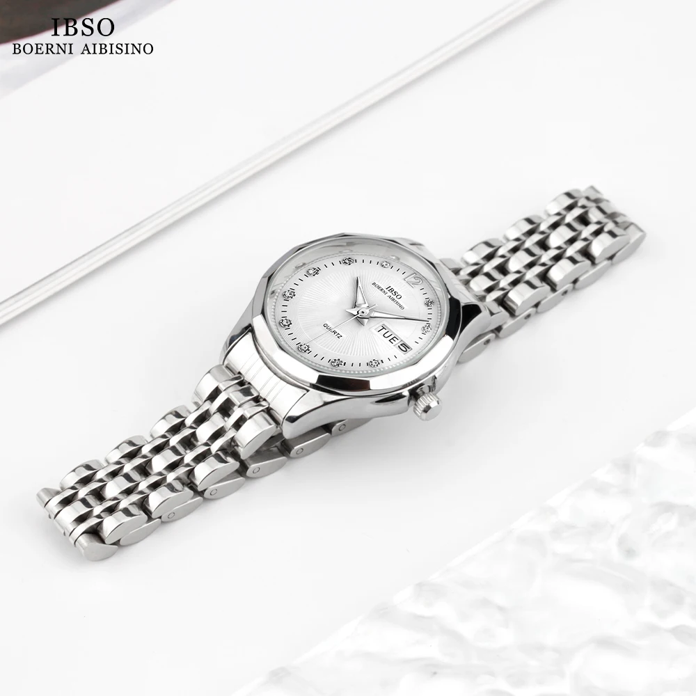 IBSO Hot New 9286# Women Luxury Quartz Watch Luminous Calendar Stainless Steel Strap Irregular Case Date Display 3ATM Waterproof