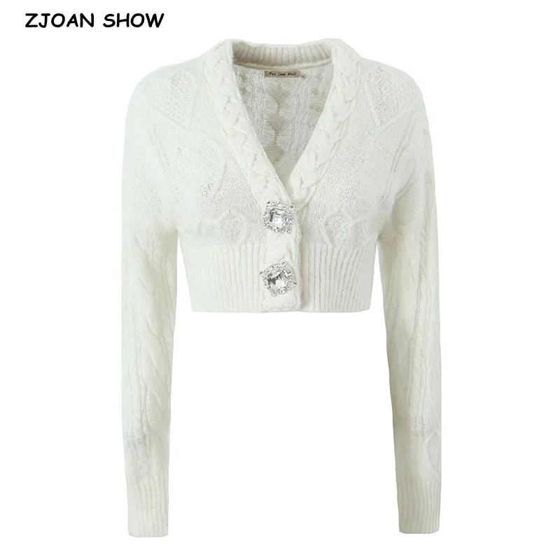 Autumn Diamond Single-breasted Buttons V neck Knitted Short Cardigan Woman Full Sleeve Sweater Knitwear Jumper White Pink