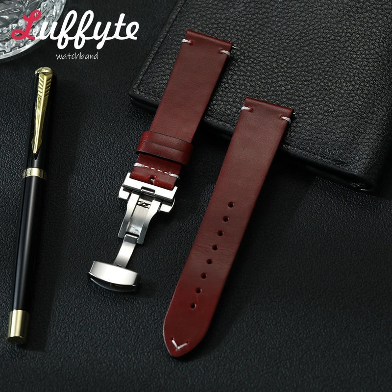 

Butterfly Buckle Stitching Cowhide Leather Strap18mm 20mm 22mm Wrist Bracelets Vintage Calfskin Quick Release Watch Band