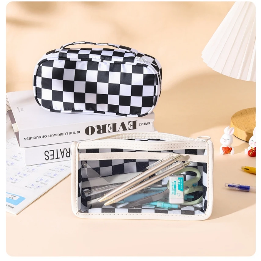 Pencil Case Piornik Etui Pencilscases Trousse Kalemlik Korean Stationery Black White Lattice Estuche Escolar Transparent Big Bag