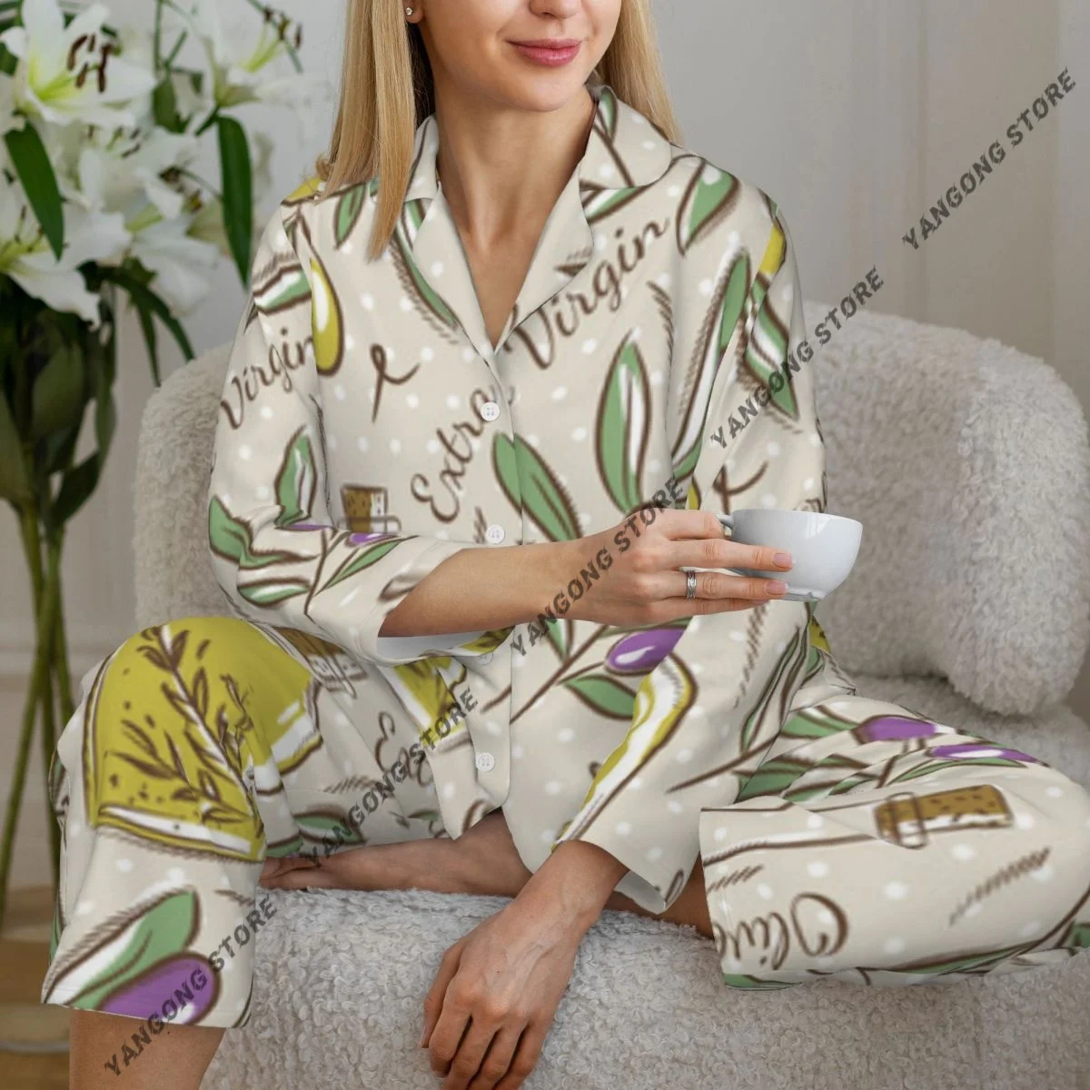 

Spring and Autumn Pajama Set Women's Long Sleeve Pants Two Piece Olive Printing Home Furnishing Set