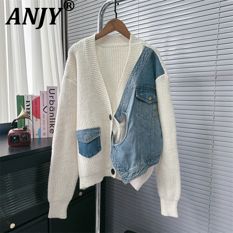 

ANJY Autumn New Women Niche Design Korean Irregular Sweater Coat Denim Patchwork Trendy Loose Lazy Style Knitted Cardigan A11140