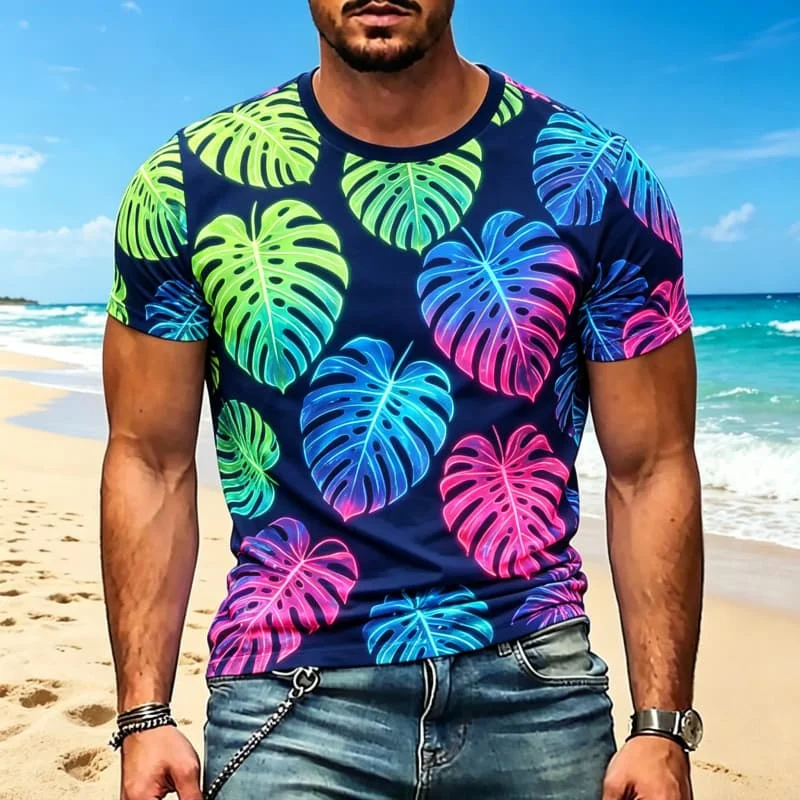 Neon Tropical Floral and Leaf Print T-Shirt, Casual Crew Neck for Men,  for  Beach Parties, Festivals and Stylish Everyday Wear
