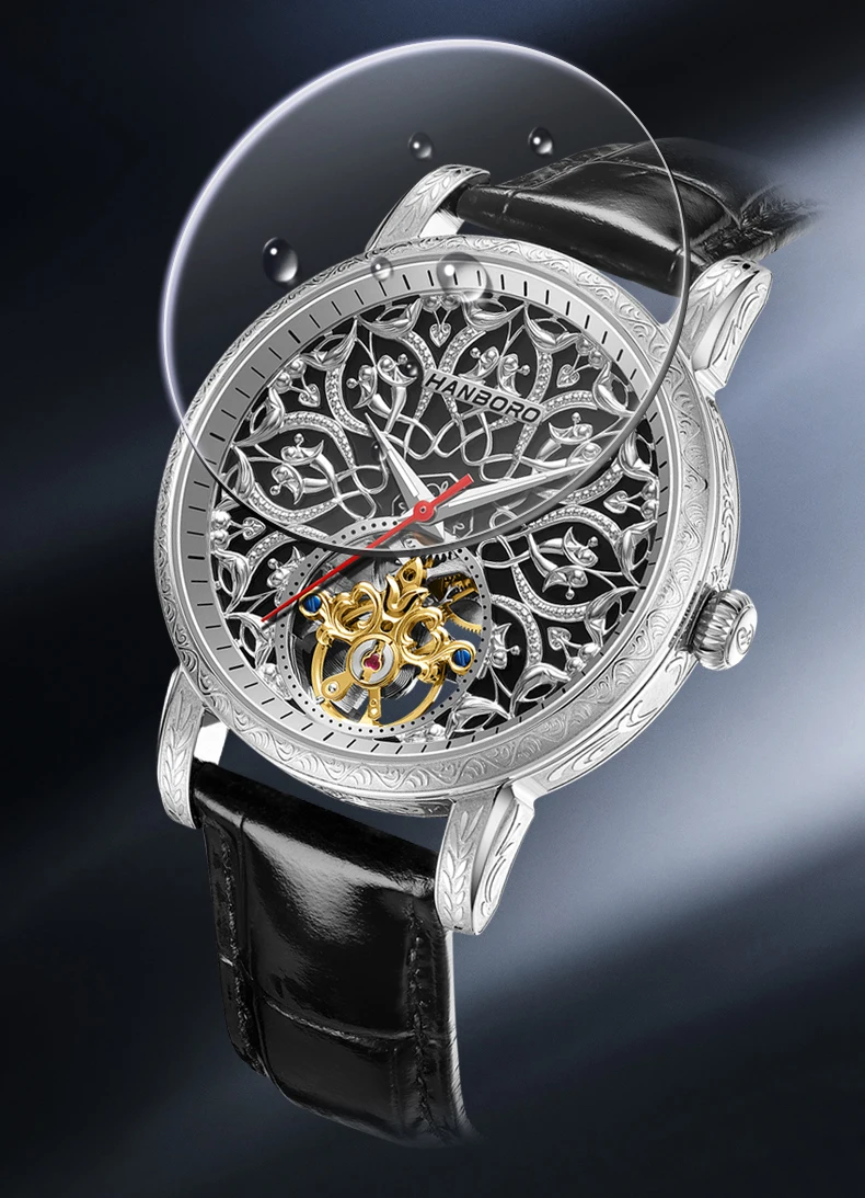 HANBORO Orologio automatico da uomo 42mm Orologio da polso meccanico vintage Luminoso 50M Impermeabile Zaffiro intagliato Quadrante scavato