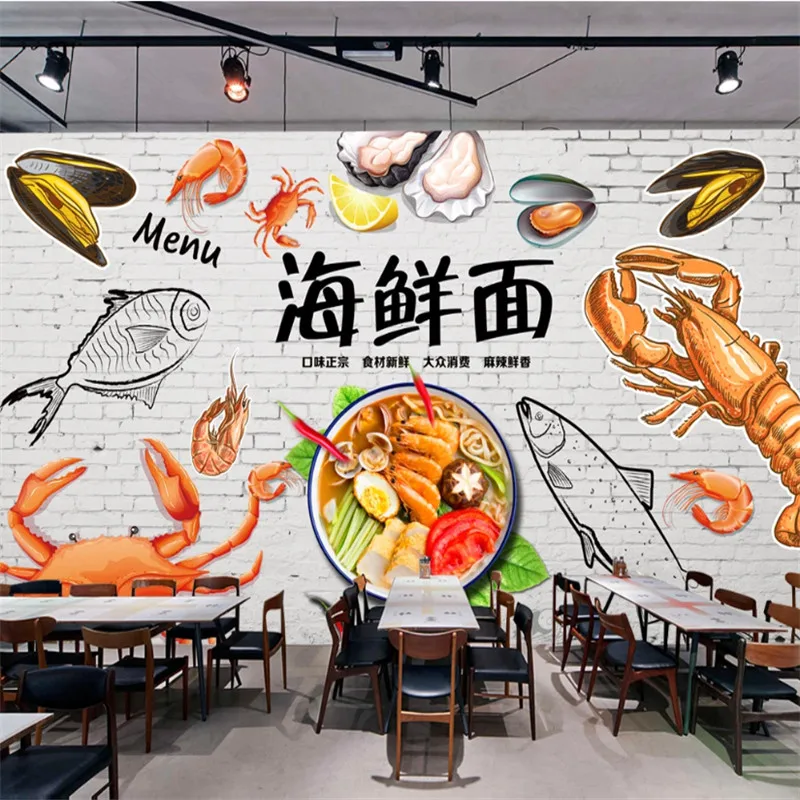 Custom Size Hand-painted Seafood Background Mural Wallpaper 3D Custom Restaurant Name Snack Bar Industrial Decor Wall Paper 3D