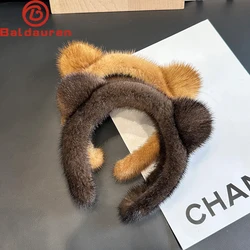 Cute Real Mink Fur Cat Ears Headband For Women 100%Fur Plush Hair Accessories Solid Head Wraps Luxury Girlfriend Gift Winter