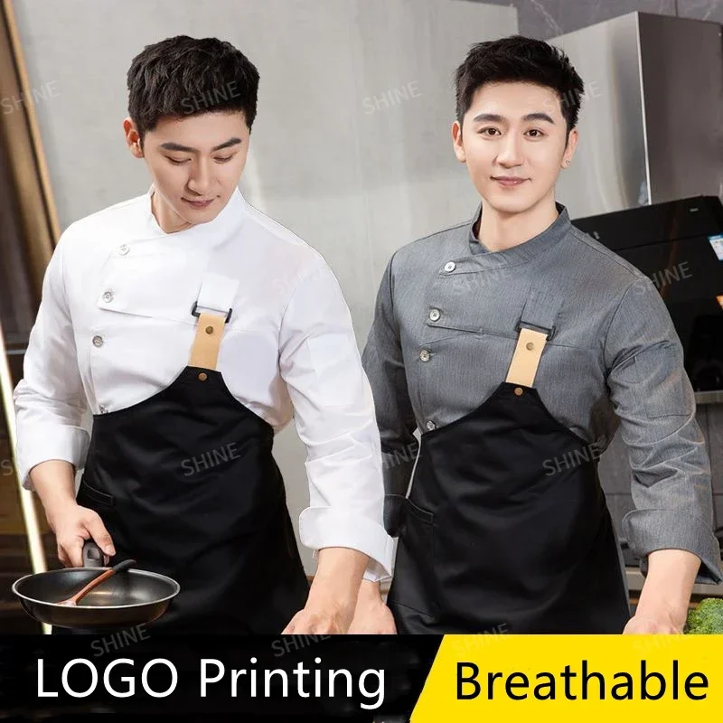 Men Chef uniform Restaurant Hotel chef jacket with apron Long Sleeve Cook Coat Chef T-shirt Work  Uniform Waiter Clothes Logo