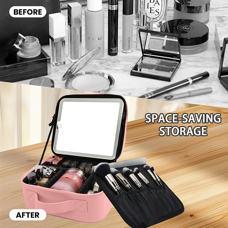 Makeup Bag with LED Lighted Mirror 3 Color Temperatures, Travel Cosmetic Case Adjustable Dividers,  Toiletry Case Gift for Women