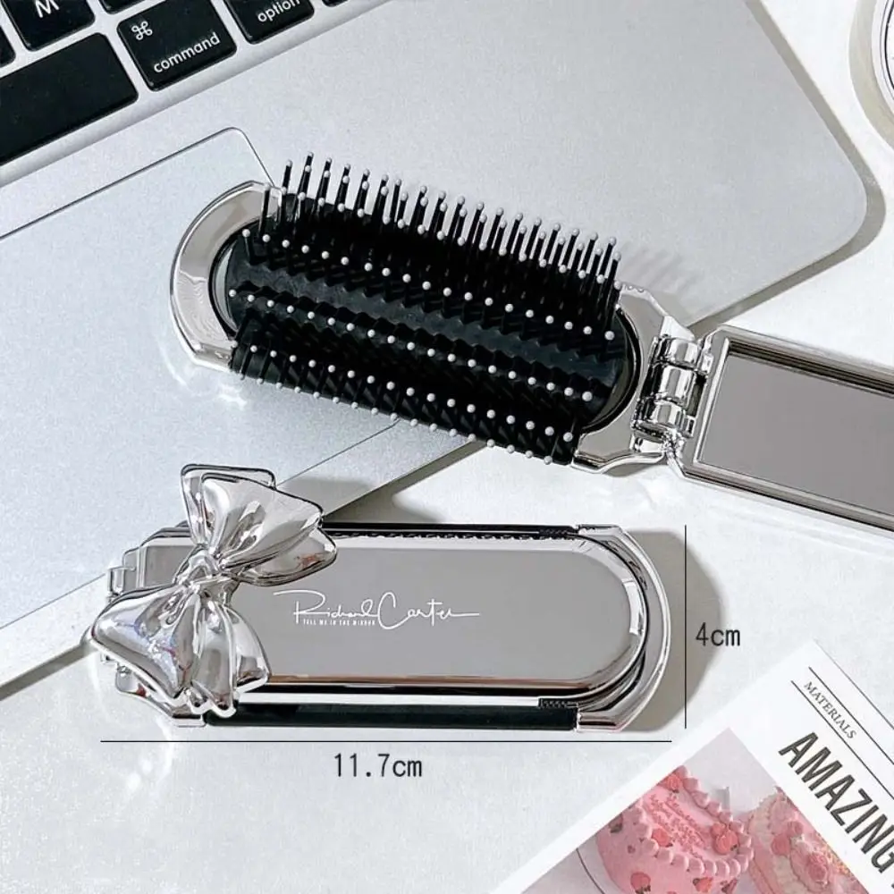 Mini 2 in 1 Comb Mirror Set Bowknot Square Scalp Massage Comb with Mirror Cartoon Anti Static Air Bag Hair Brush Makeup Tool