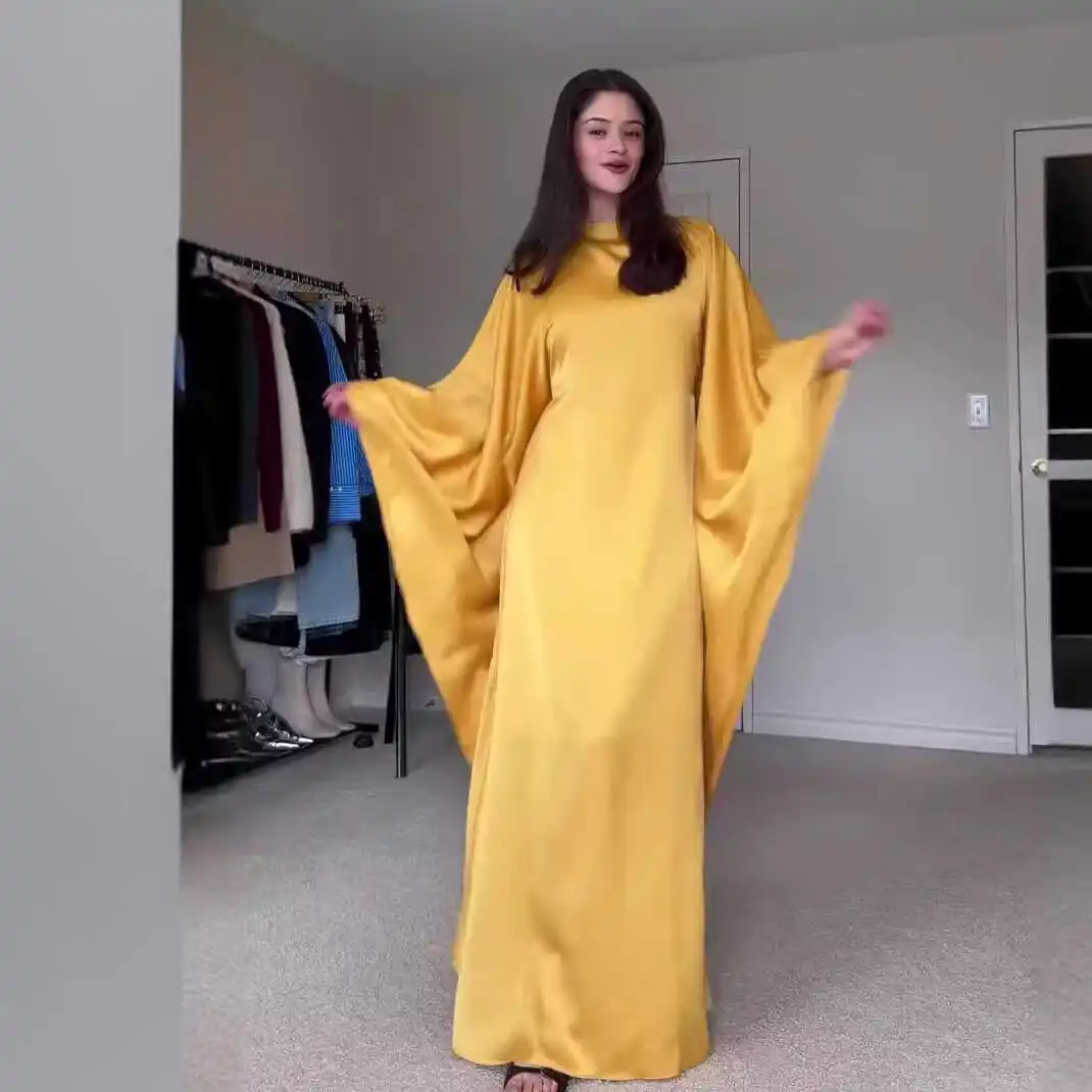 루즈 캐주얼 롱 드레스 여성용 솔리드 컬러 라운드 넥 배트윙 셔츠 스타일 봄 여름 가을 겨울 패션 여성 드레스