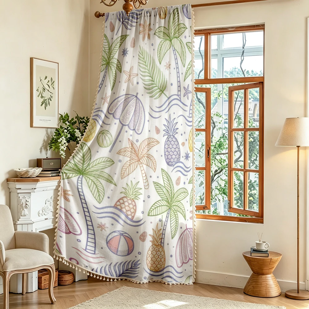 1PC Tropical Tassel Sheer Curtains, Palm Tree Pineapple Beach, Digital Print, Linen Polyester, Bedroom Living Room, Home Decor
