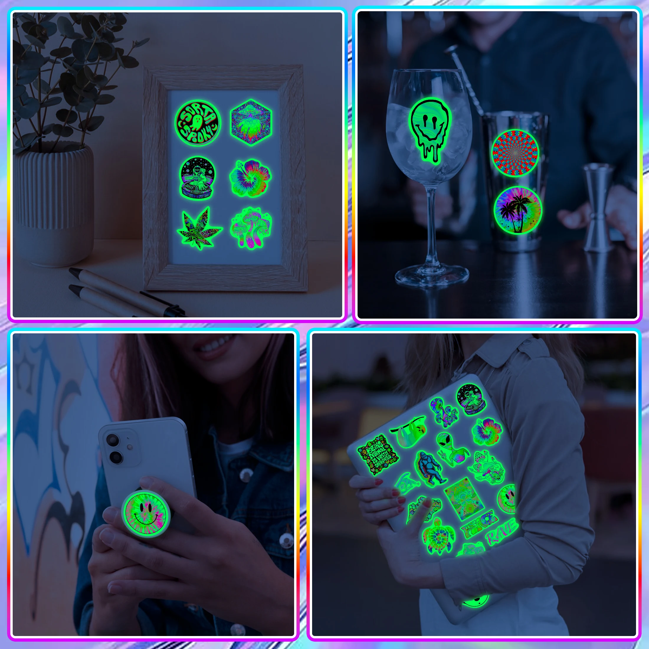 50Pcs Laser Fashion Glow in the Dark Stickers Waterproof Vinyl Decals Phone Case Skateboard Computer Decoration for Kids Gifts