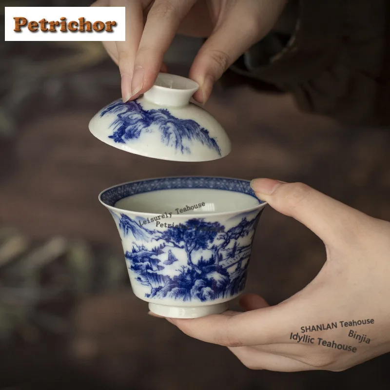 

Синий и белый пейзаж Гайваньская традиционная чайная чаша с крышкой, комплект для приготовления чая, чаша, чашки, держатель для чайного подноса