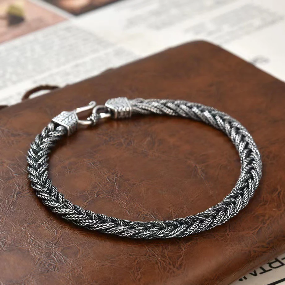 Real 925 Sterling Silver Bracelet For Men Women 6mm Vintage Handmade Weave Twist Rope Pure Silver Bracelets Hand Wrist 9inch