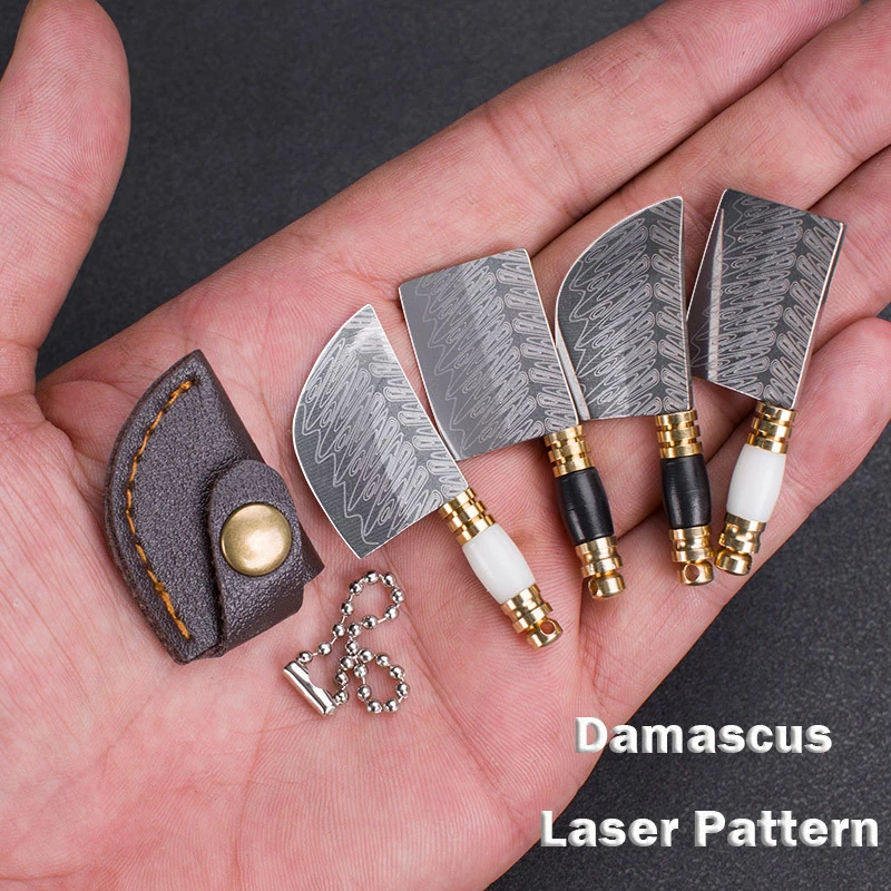 Damascus Blade Knife MINI Sharp EDC Self-defense Portable Keychain Unpacking Knife Outdoor Unboxing Tool With Leathe Cover