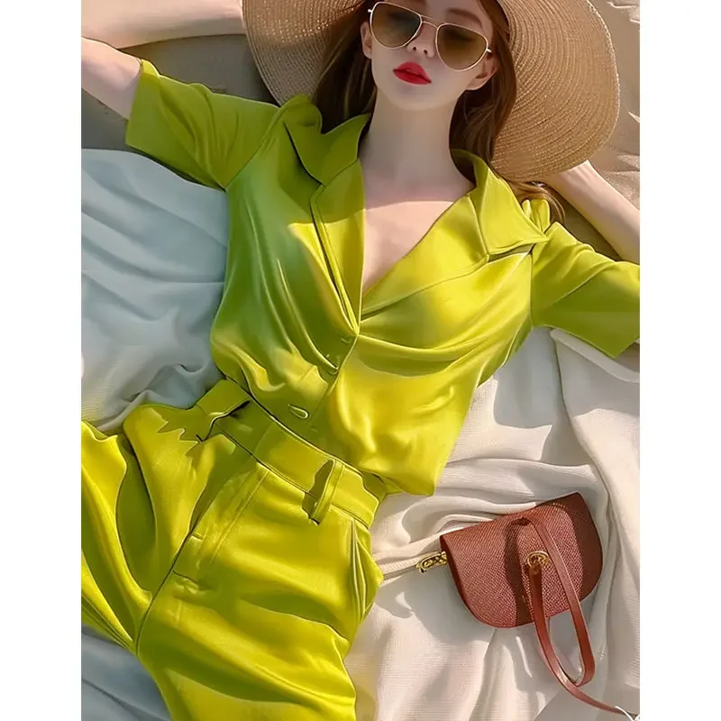 New High Quality Summer Satin Two Piece Set Women Fashion Stylish Design Lapel Short Sleeve Slim Shirt Top + Straight Pants Suit