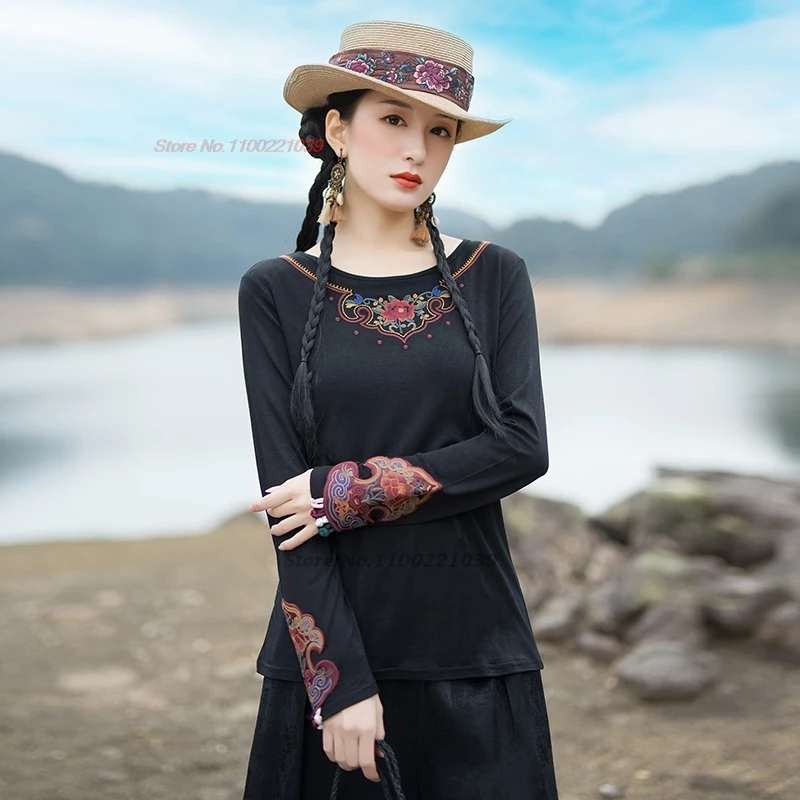 

2024 traditional chinese vintage shirt national flower embroidered o-neck folk t-shirt oriental streetwear ethnic base shirt