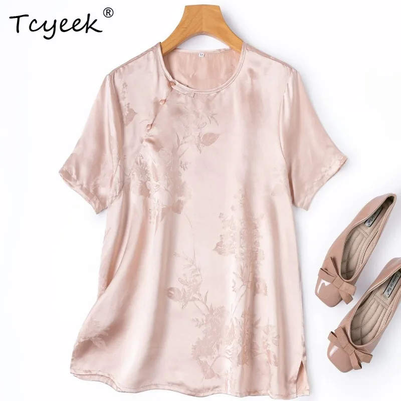 

Tcyeek 100% Real Silk Women T Shirt 2026 Summer Gentle Chinese-style Breathable Short-sleeved Top Woman Clothing Ropa De Mujer