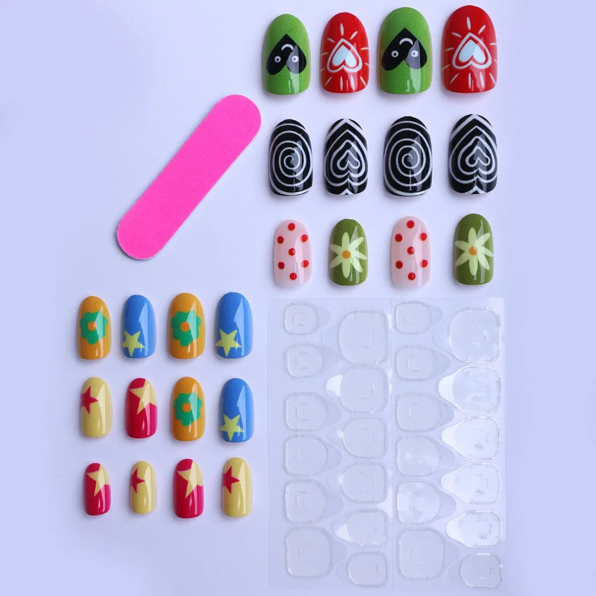 24PCS Colorful False Nails Sweet Cool Dopamine Press on Ins Nails Short Oval Swirl Love Star Polka Dots Designs Fake Nails Tips