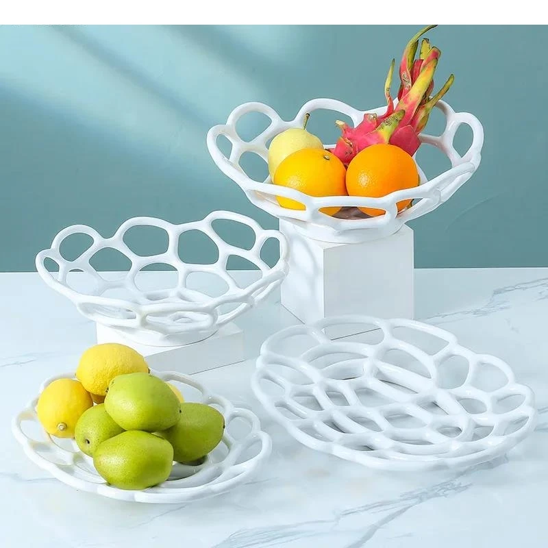 Hollow Fruit Plate Ceramic Tableware Hotel Living Room Table Decoration Home Handicraft Ornaments