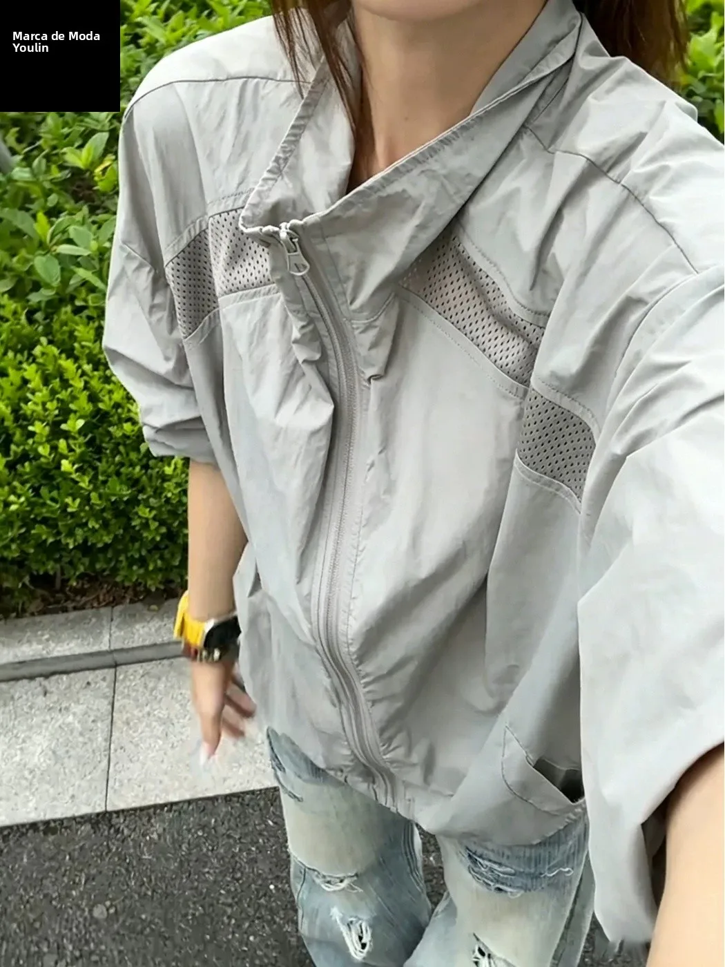 軽量で通気性のあるグレーメッシュ素材の日焼け止め服、男女兼用、アウトドアサマースポーツ用、アイスシルク速乾性スタンドカラージャケット