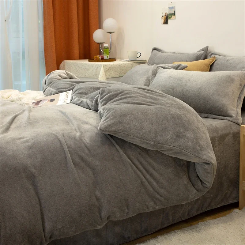 150/180/200CM Light Grey Coral Velvet Bed Sheet Duvet Cover Pillowcase Four-piece Winter Autumn Bedding Set M045-7