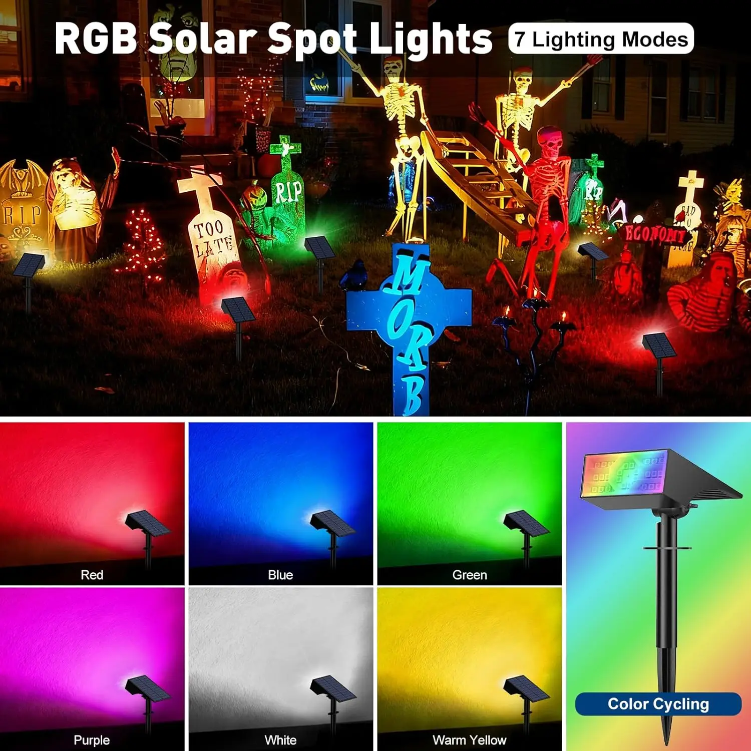 10er-Pack Solar-RGB-Strahler für den Außenbereich, 7 Farbmodi, wasserdicht, IP68, Landschaft, Garten, Wegbeleuchtung für Halloween, Weihnachten