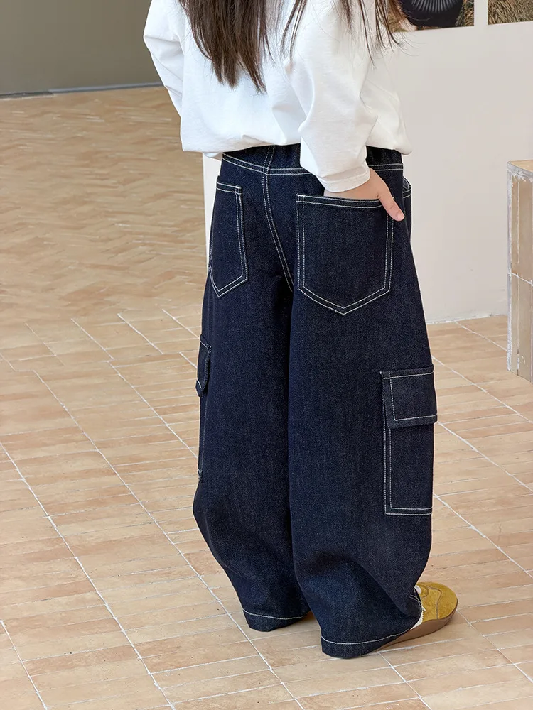 Children's Japanese Loose Casual Pants Korean Contrasting Color Bright Line Three-dimensional Pocket Workwear Jeans 6