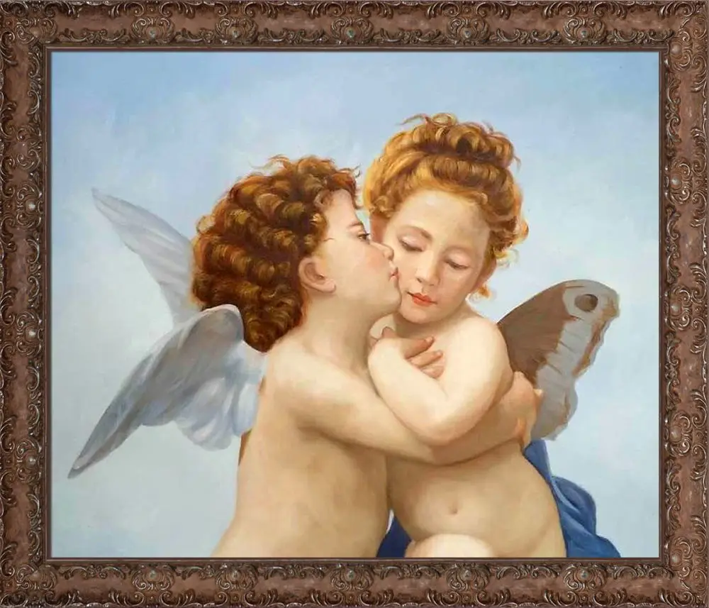 Classic Angel Canvas Art Oil Painting - First Kiss by William Adolphe Bouguereau High-Quality Bedroom Decorative Painting
