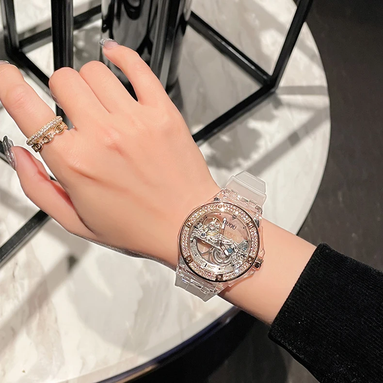 Luxury Women\'s Skeletonized Transparent Automatic Mechanical Wristwatch Fashion Top Brand Diamonds Bezel Waterproof Silicone