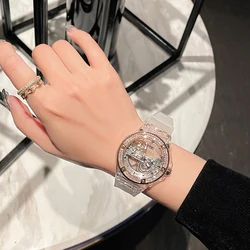 Reloj de pulsera mecánico automático para mujer, cronógrafo de lujo, transparente, con bisel de diamantes, resistente al agua, de silicona