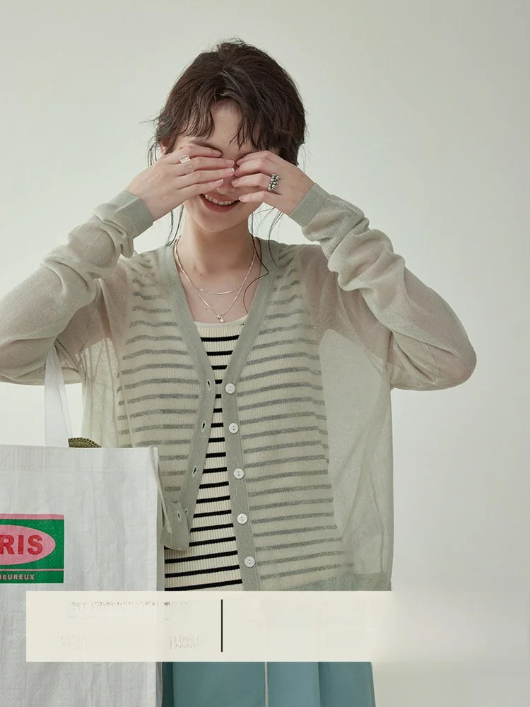 

AMUU North Island Lazy Anti-Aging Pure Color Thin Knitted Sun Protection irt Women Summer New Long Sve Air Conditioned Top