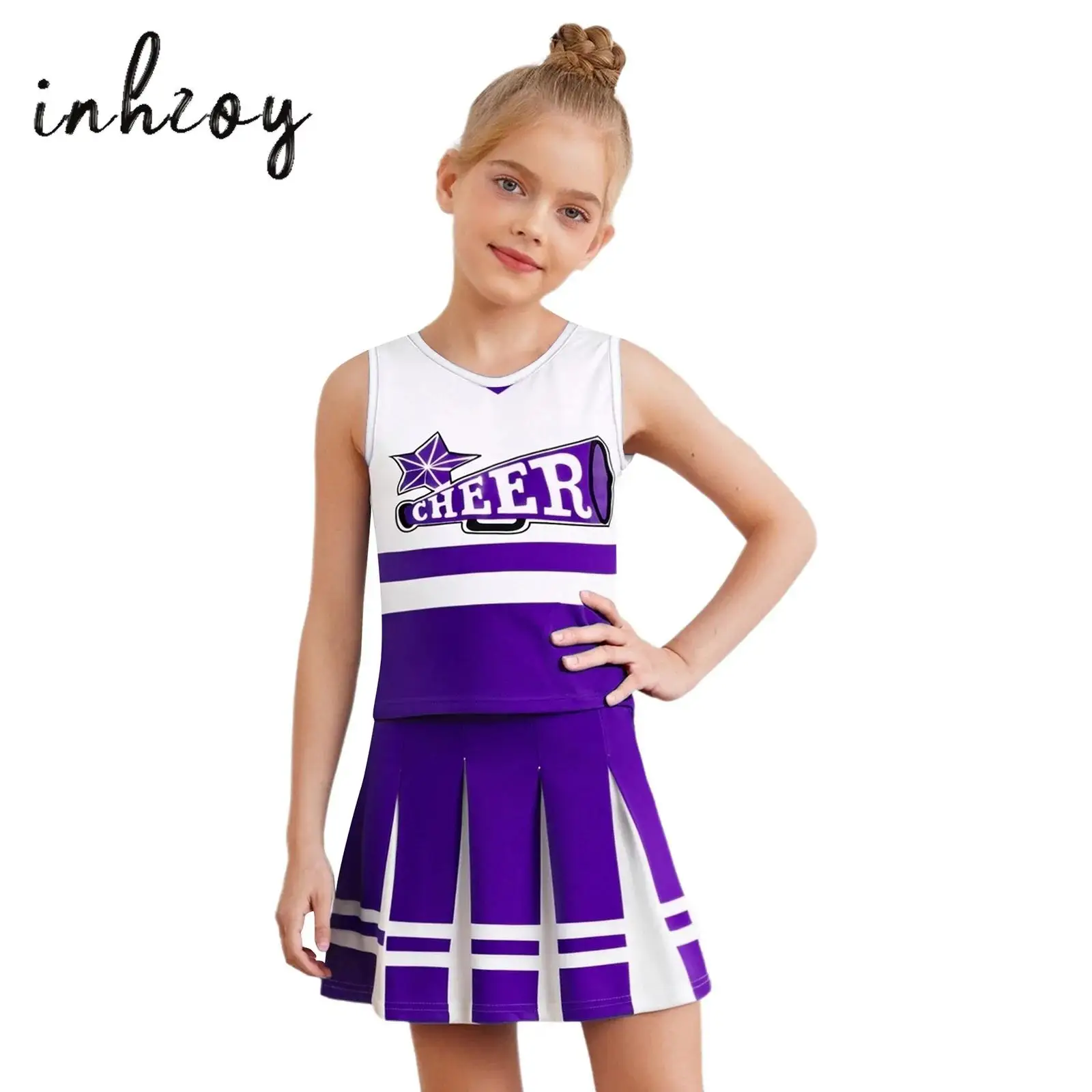 

Kids Girls Cheerleading Dance Uniform Cheer Leader Costume 2Pcs Round Neck Sleeveless Print Top+Pleated Skirt for School Sports