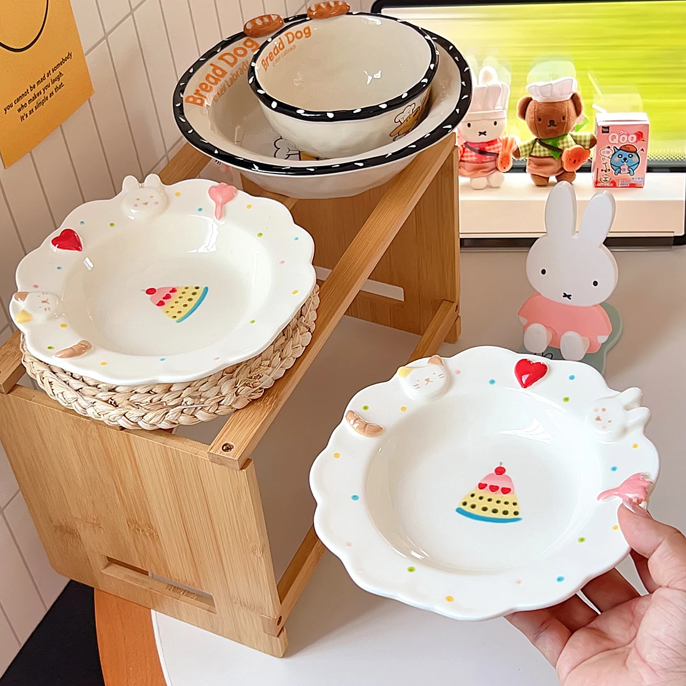 

Cute Ceramic Plate Rabbit Dessert Heart 3D Hand-Painted Edged Multifunctional Plate Sweet Cake Small Plate Lovely Style