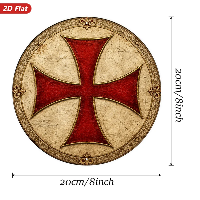 2D Flat, 1pc Templar Cross Round Metal Sign Wall Art, Emblem, Aged Parchment Circle, Ornate Border Details