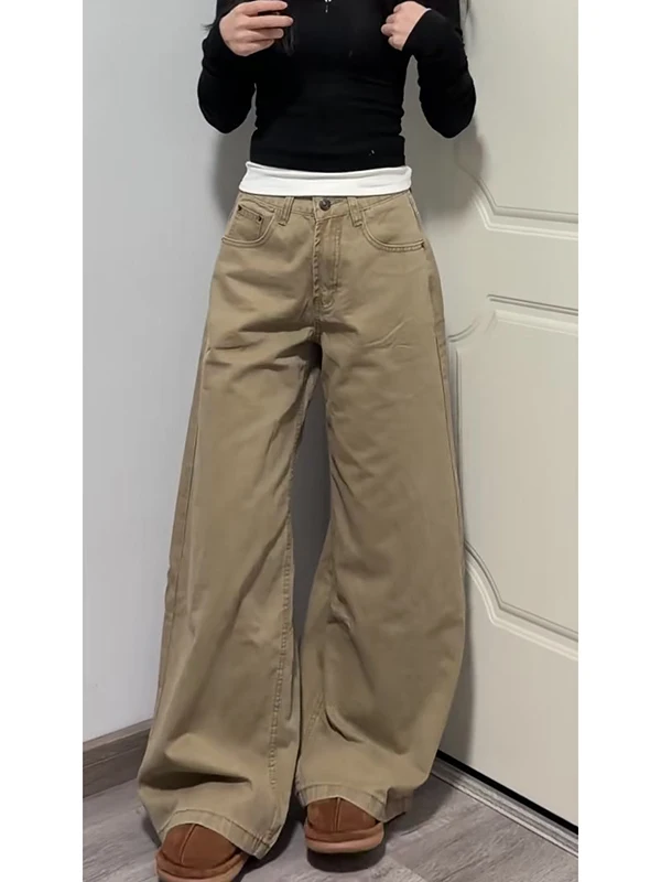 

American Retro Khaki Workwear Thickened Fleece Women's Jeans Spring High Waist Straight Leg Wide Leg Long Pants Casual Style