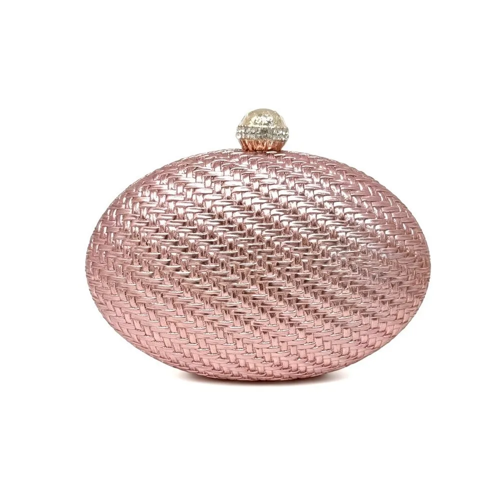 PU Evening Clutch Bag Oval Shape Rhinestone Closure Hard Shell Crossbody Bag Metallic Woven Detachable Chain Braided Handbag view 5