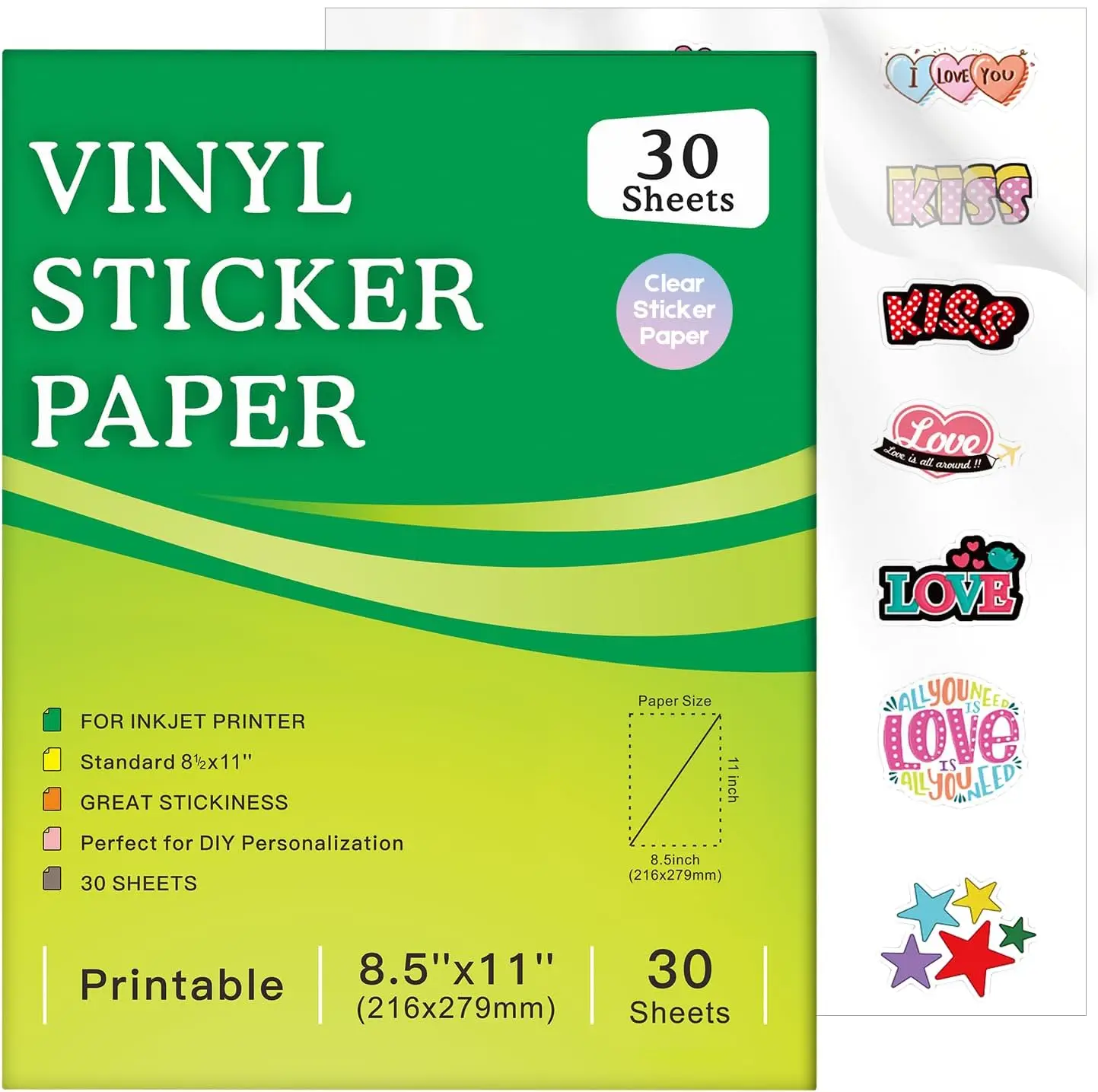 

30 Sheets Premium Vinyl Sticker Paper for Inkjet Printers, Waterproof, Quick-Dry, Vivid Colors, Tear-Resistant, 8.5x11"
