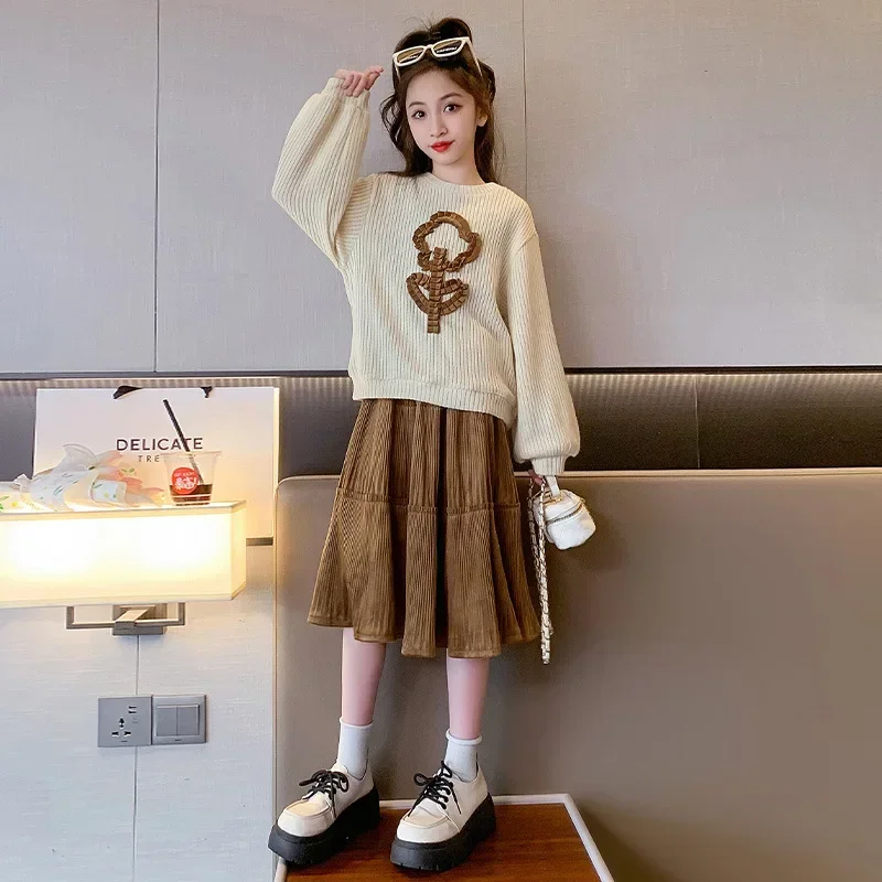 2023 Korean Spring Autumn School Girl 2-Piece Sets Elementary Girl Flower Knitted Sweater+Lace Skirt Set For Girls 4-12Yrs