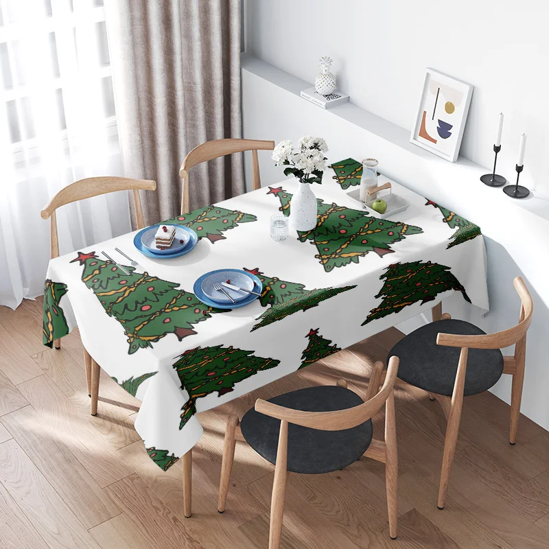 Modern Christmas Tree Decorated Tablecloth with Blue Plate Holder Set for Holiday Party Decoration Green White (Table Cover)