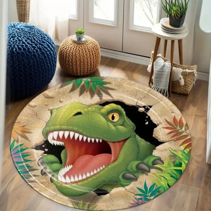 Aesthetic Wild Prehistoric Creature Theme Round Rug Realistic Break Out Dinosaur Print Slip Floor Carpet for Home Living Space