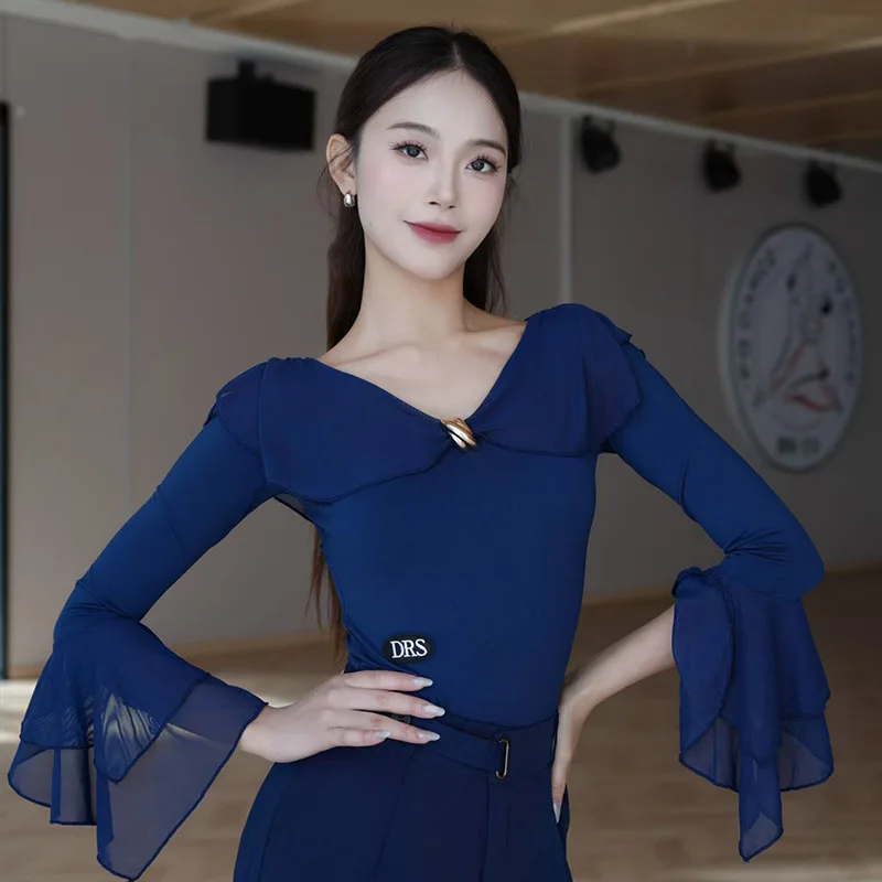 เสื้อเต้นลาตินสีดำ 3 สี สำหรับผู้หญิง ชุดฝึกซ้อมแทงโก้ บัลเลต์ คอวี แขนบาน ชุดรัดรูปสำหรับเต้นรำ ชุดฝึกซ้อมสำหรับผู้ใหญ่ รุ่น 2365