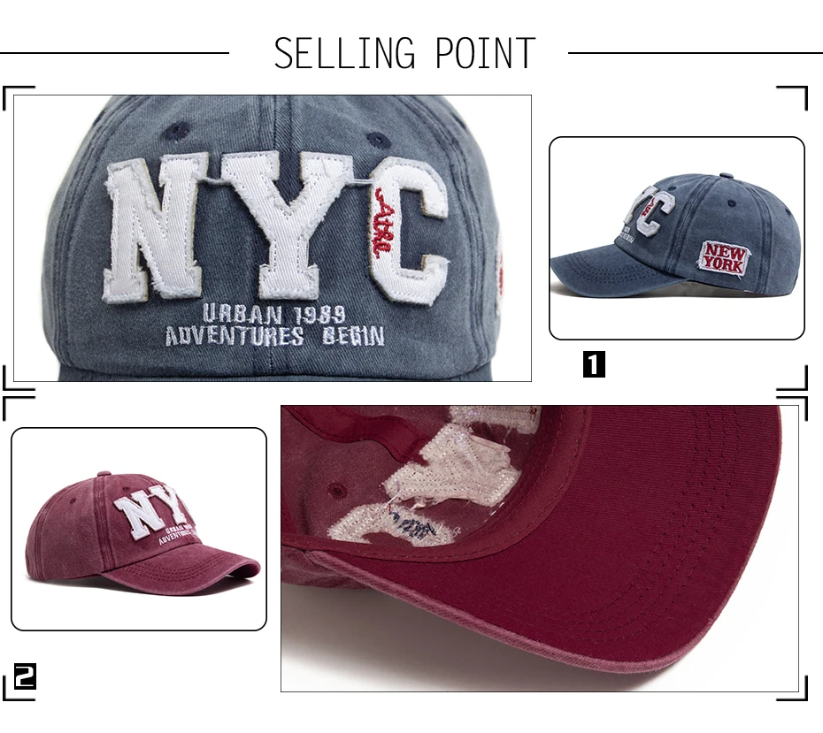 Neue Vintage Großen Buchstaben NYC Baseball Kappe Männer Baumwolle Gewaschen Frühling Herbst Visier Weiche Snapback Mode Hut Für Frauen – Detail 2