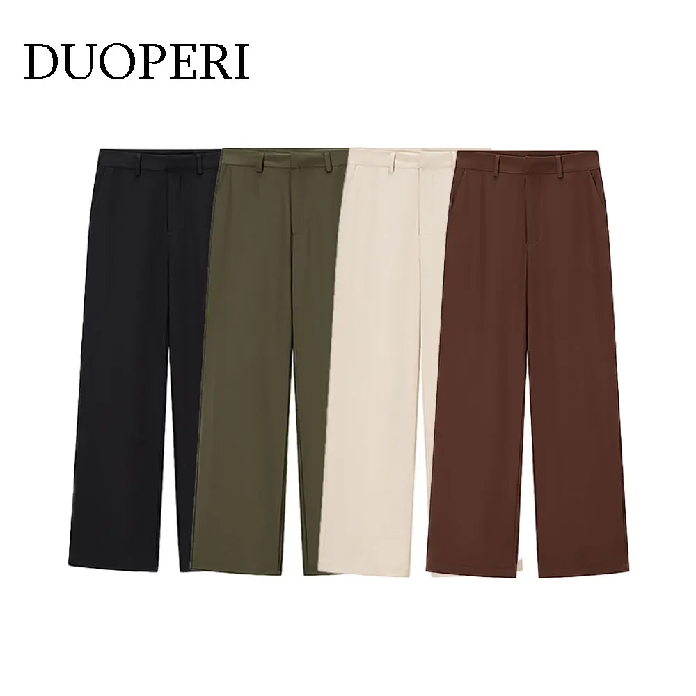 Duoperi feminino 2025 novas calças retas sólidas zíper frontal cintura alta comprimento total feminino elegante chique senhora calças casuais