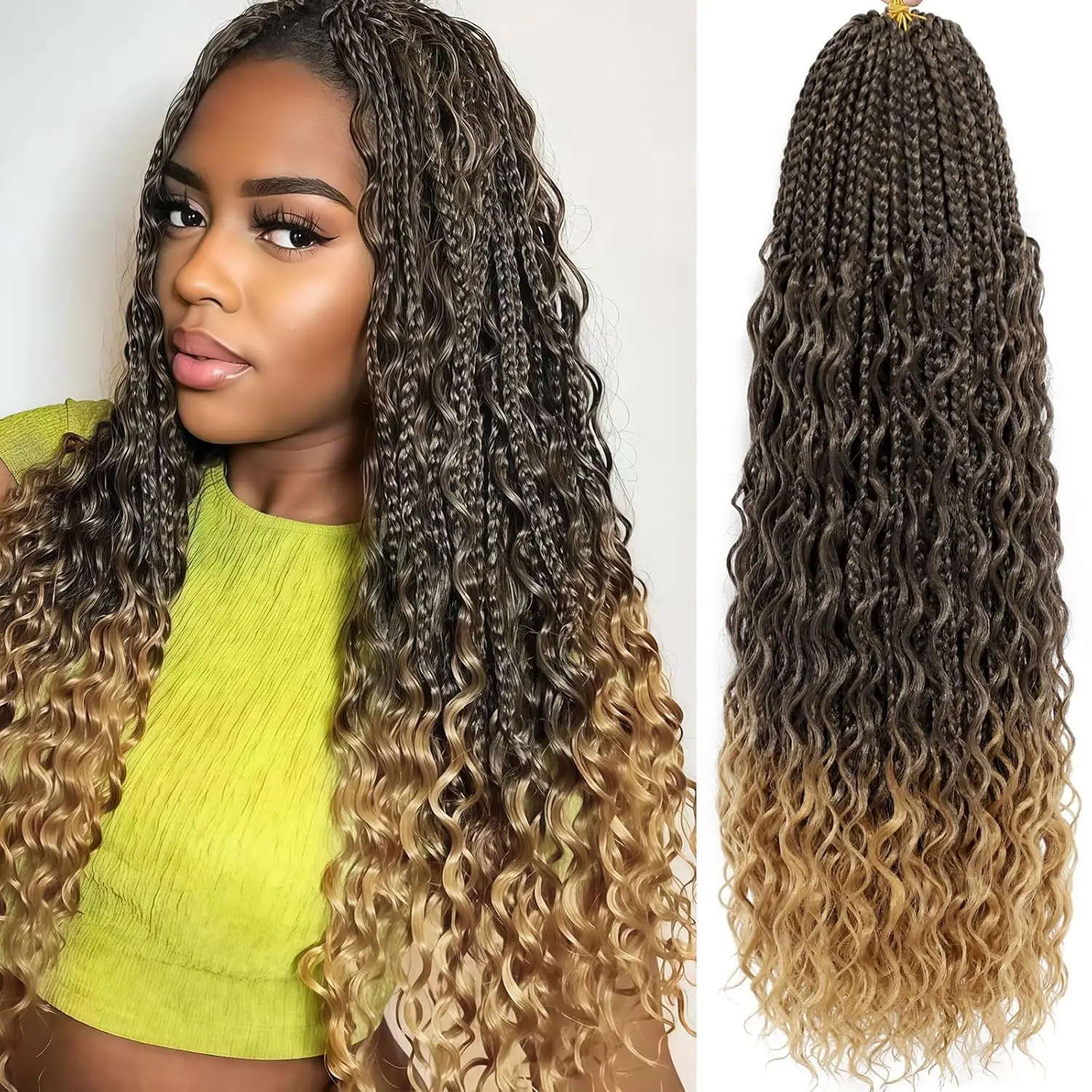 Boho Box Braids Вязаные крючком волосы 18/24 дюйма 1/8 упаковок Goddess Box Braids Вязаные крючком волосы с вьющимися концами Предварительно закрученные богемные синтетические волосы